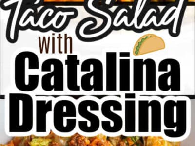 Two image collage of taco salad with Catalina dressing, showing close-up of bite and salad in a bowl.