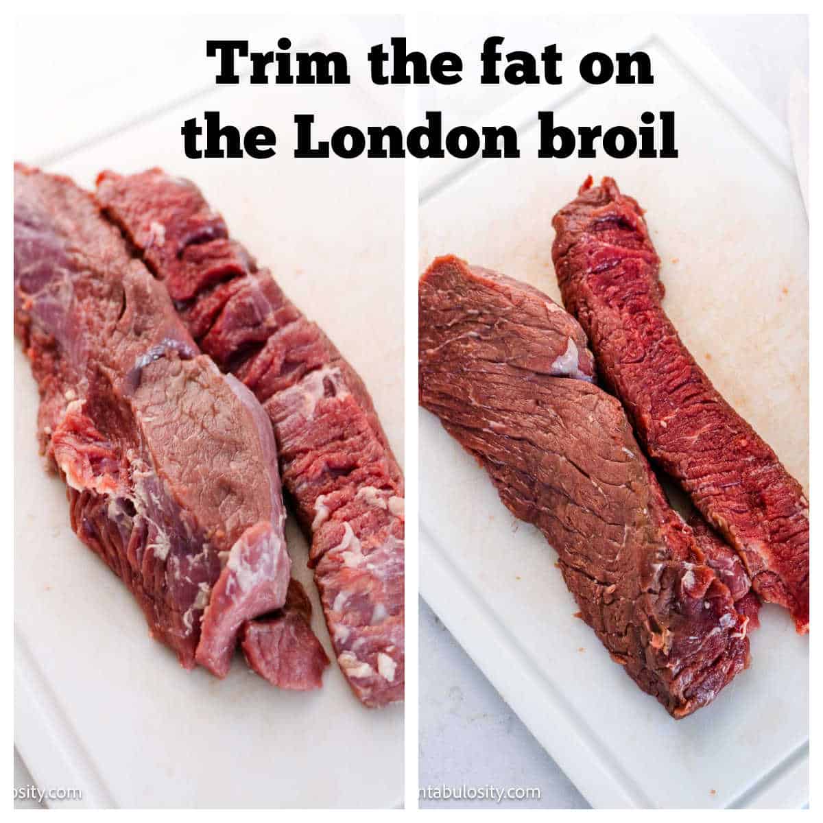 Two image collage showing London broil before trimming the fat off and after.