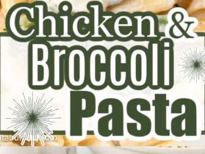 Creamy chicken pieces and broccoli pieces with penne pasta in Alfredo sauce.