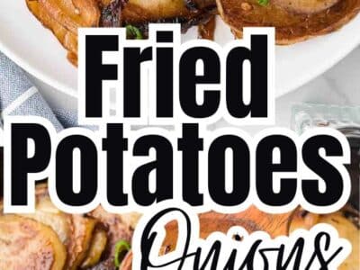 Two image collage of close up images of fried potatoes and onions.