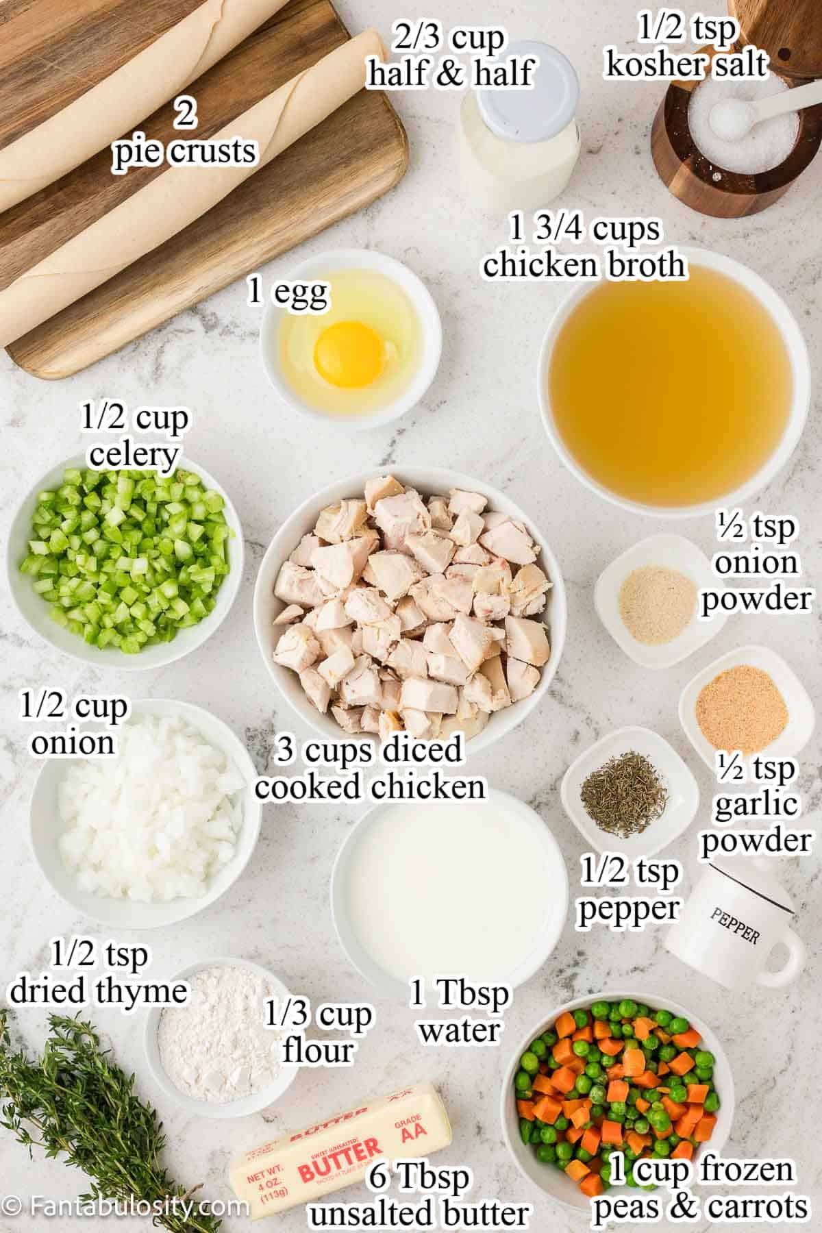 Labeled ingredients for chicken pot pie recipe.
