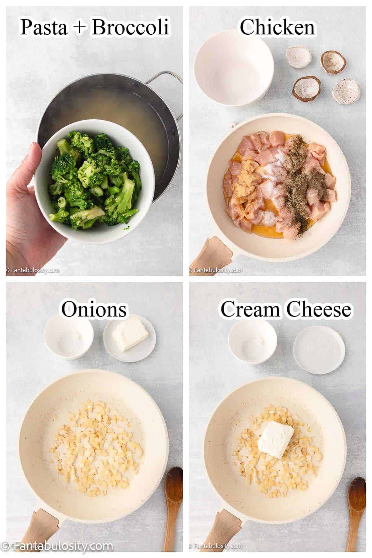 Four image collage of process steps for making Chicken and Broccoli Pasta.