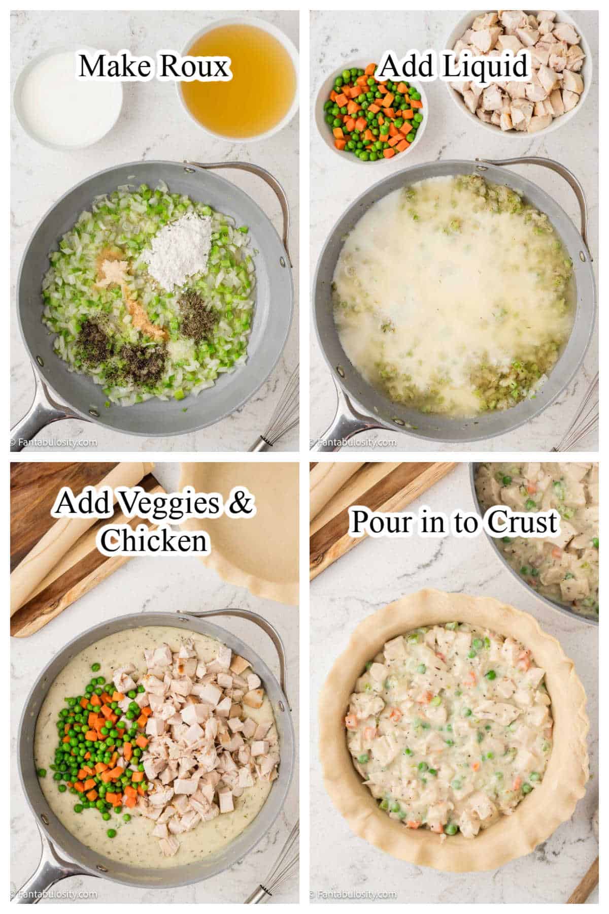 Process steps showing how to make chicken pot pie. 