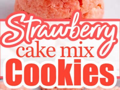 Strawberry cake mix cookies stacked on top of one another, showing white chocolate chips inside.