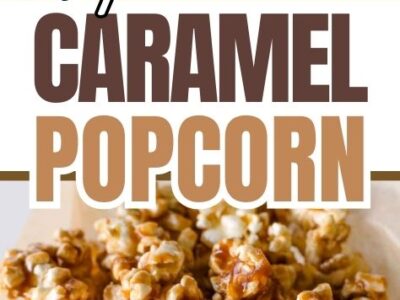 Homemade caramel popcorn in black stand and hand holding a piece.