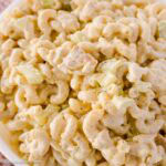 Chicken macaroni salad in a bowl.