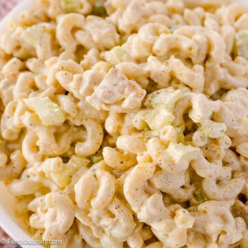 Chicken macaroni salad in a bowl.