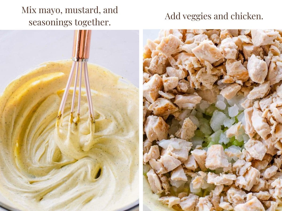 Dressing mixture in one photo and chicken and veggies added to dressing in 2nd photo.