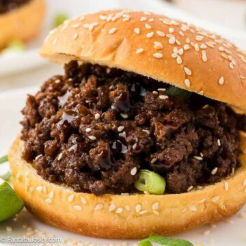 Asian Sloppy Joe sandwich on round plate.