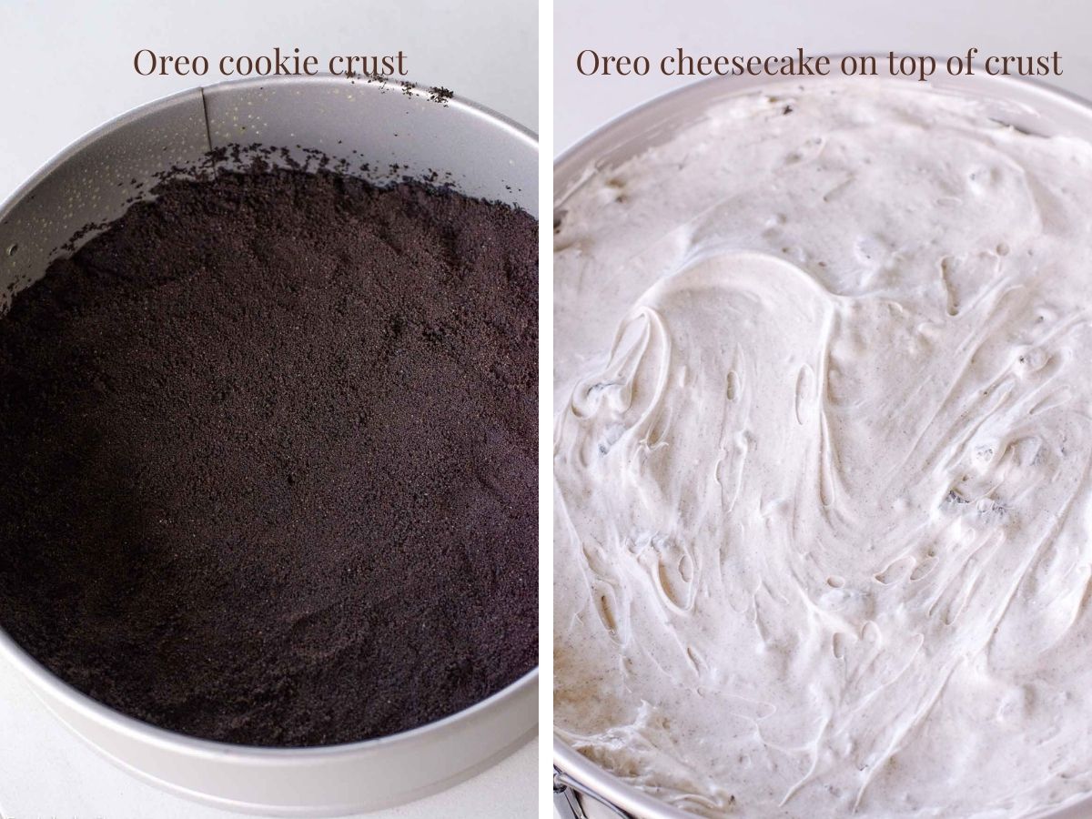 Two images, with left showing Oreo cookie crust and right showing Oreo cheesecake filling in pan.