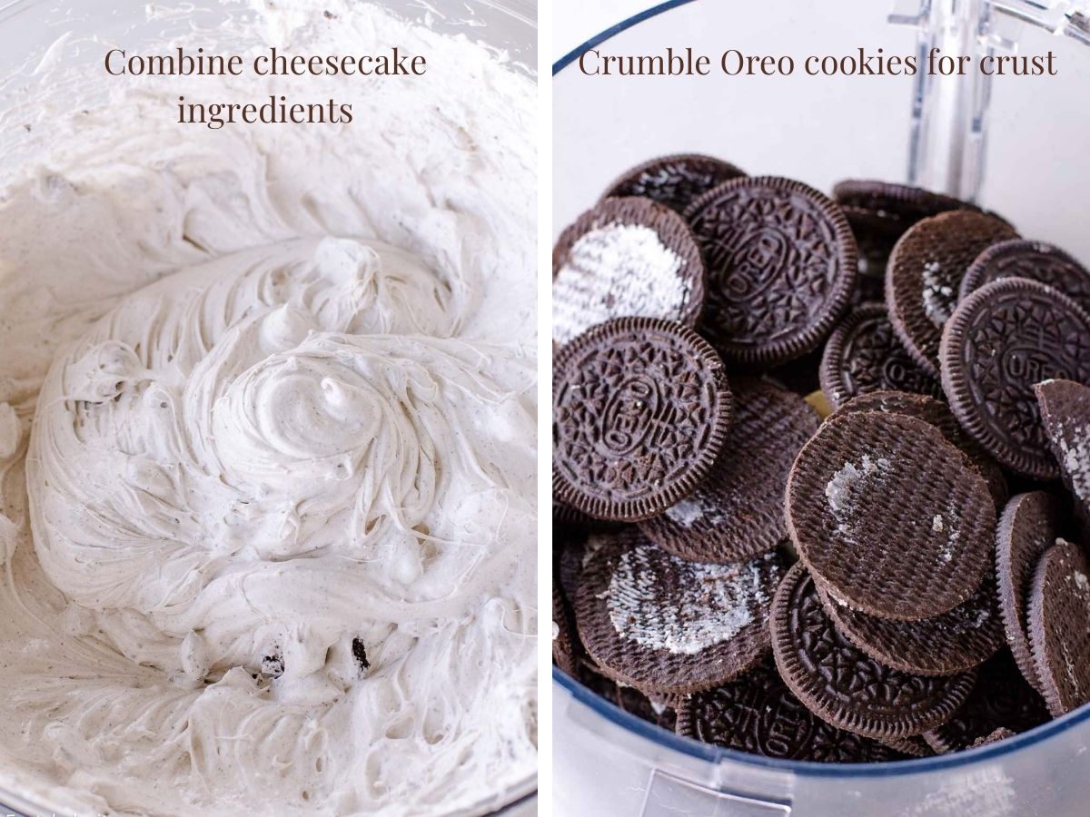 Two images with first photo showing the cheesecake filling and second image showing Oreo cookies in food processor.