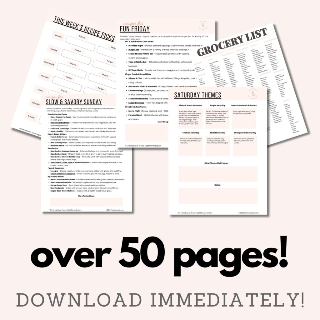 Graphic showing a few pages of the dinner theme system.
