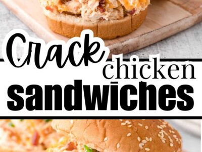 Crack Chicken sandwiches on wooden cutting board.