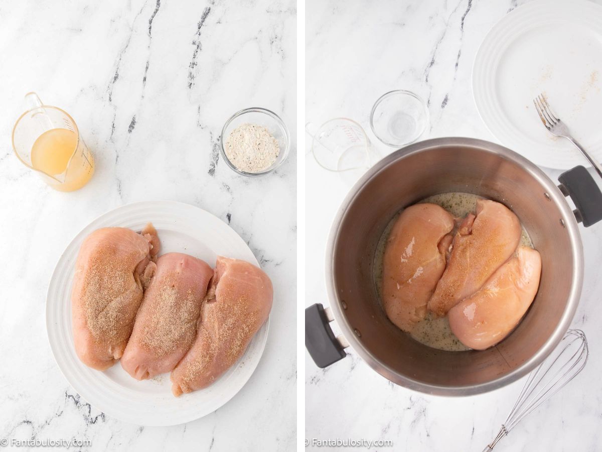 A plate with raw chicken breasts and a pot with seasoned chicken breasts inside.