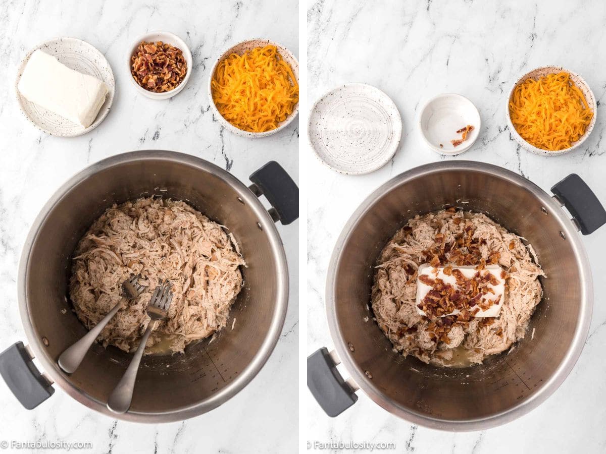 Chicken breasts shredded with two forks, instead of pot and cream cheese and bacon added to chicken.