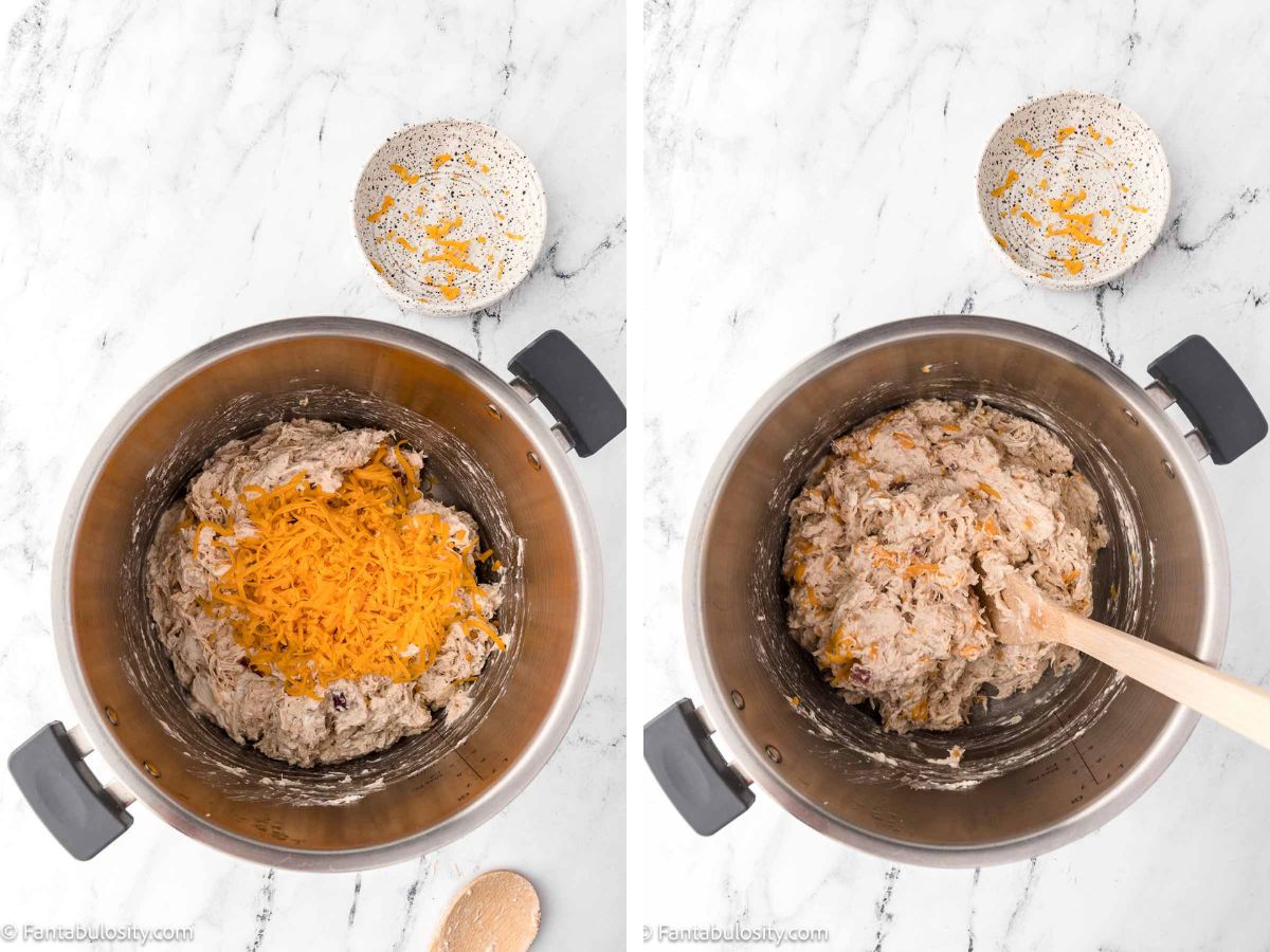 Shredded cheese added to chicken and chicken mixed with cheeses and bacon in pot.