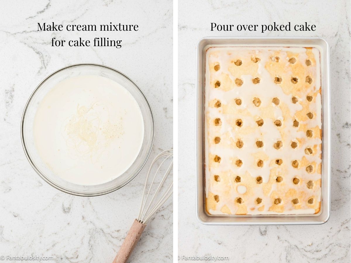 Two images showing how to make cake filling, and how to pour it on the poke cake.
