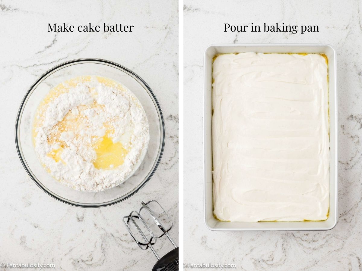 Two images showing how to make cake for Strawberry Whipped Cream Cake.