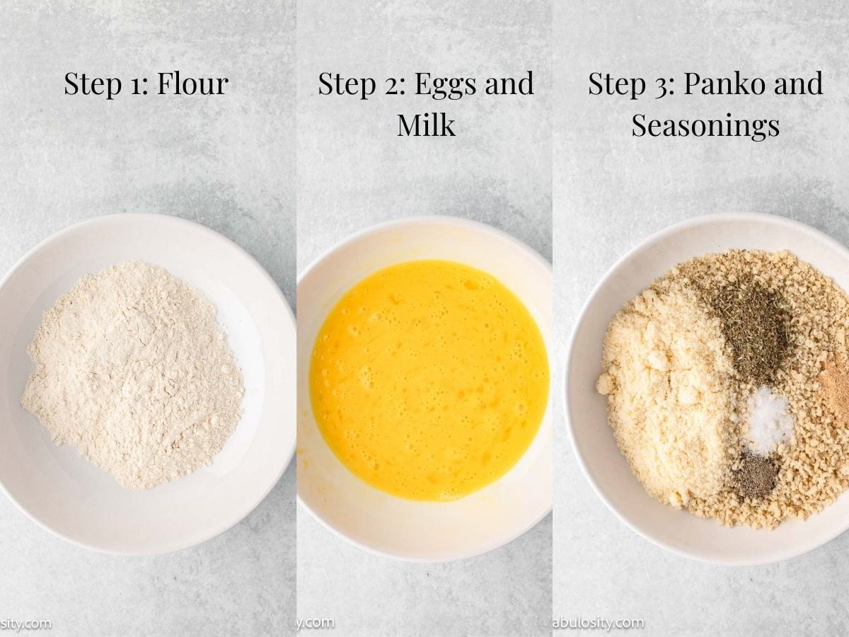 Breading process steps for making panko chicken.