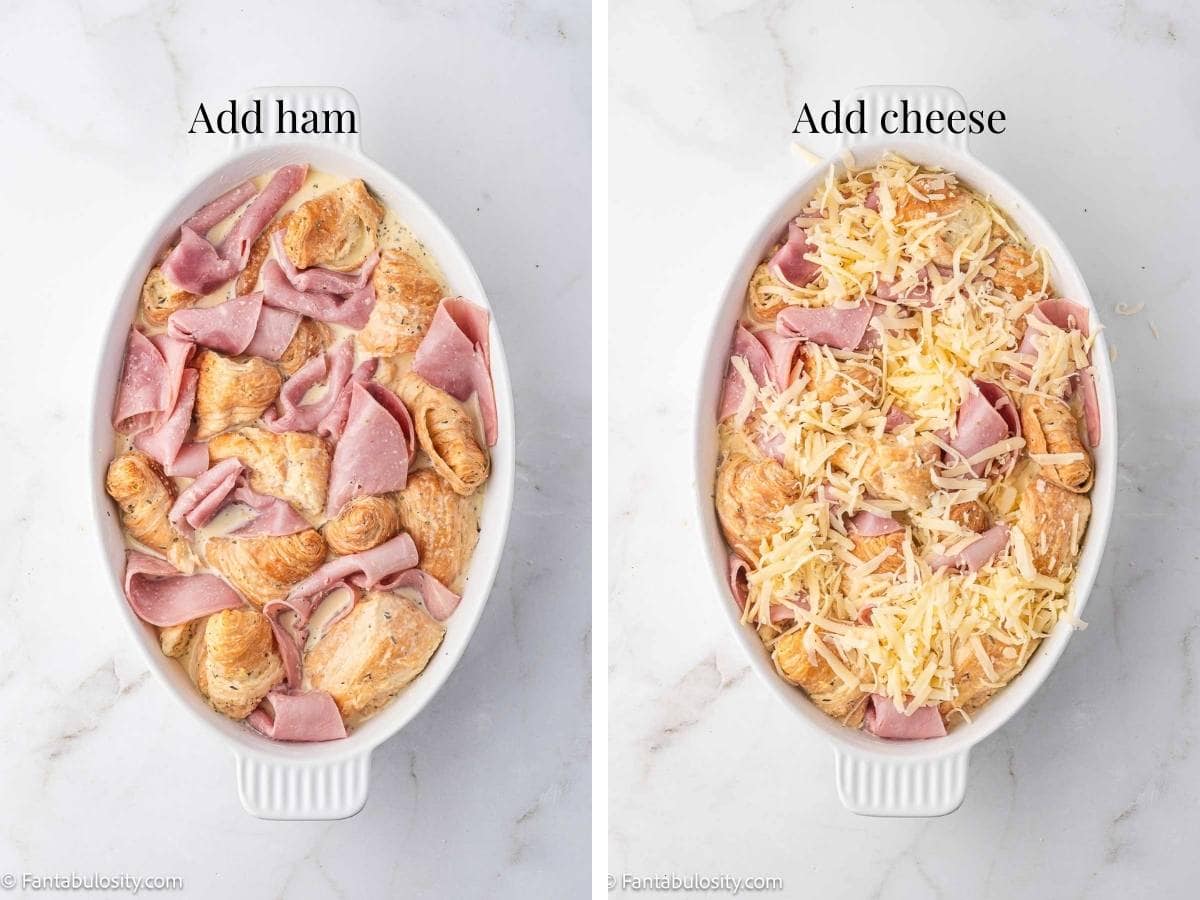 Ham added to croissant bake mixture, and then cheese added to ham and croissant bake.