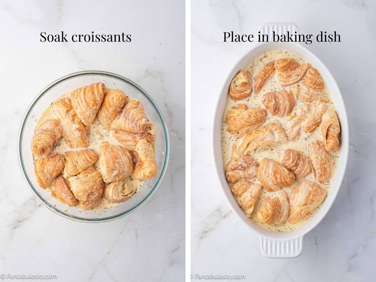 Croissants in mixing bowl with mixture and croissants with egg mixture in baking dish.