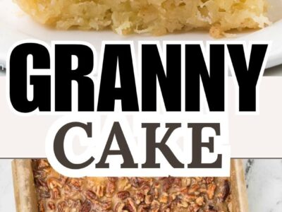 A slice of granny cake and a whole cake in a 9x13 baking pan.