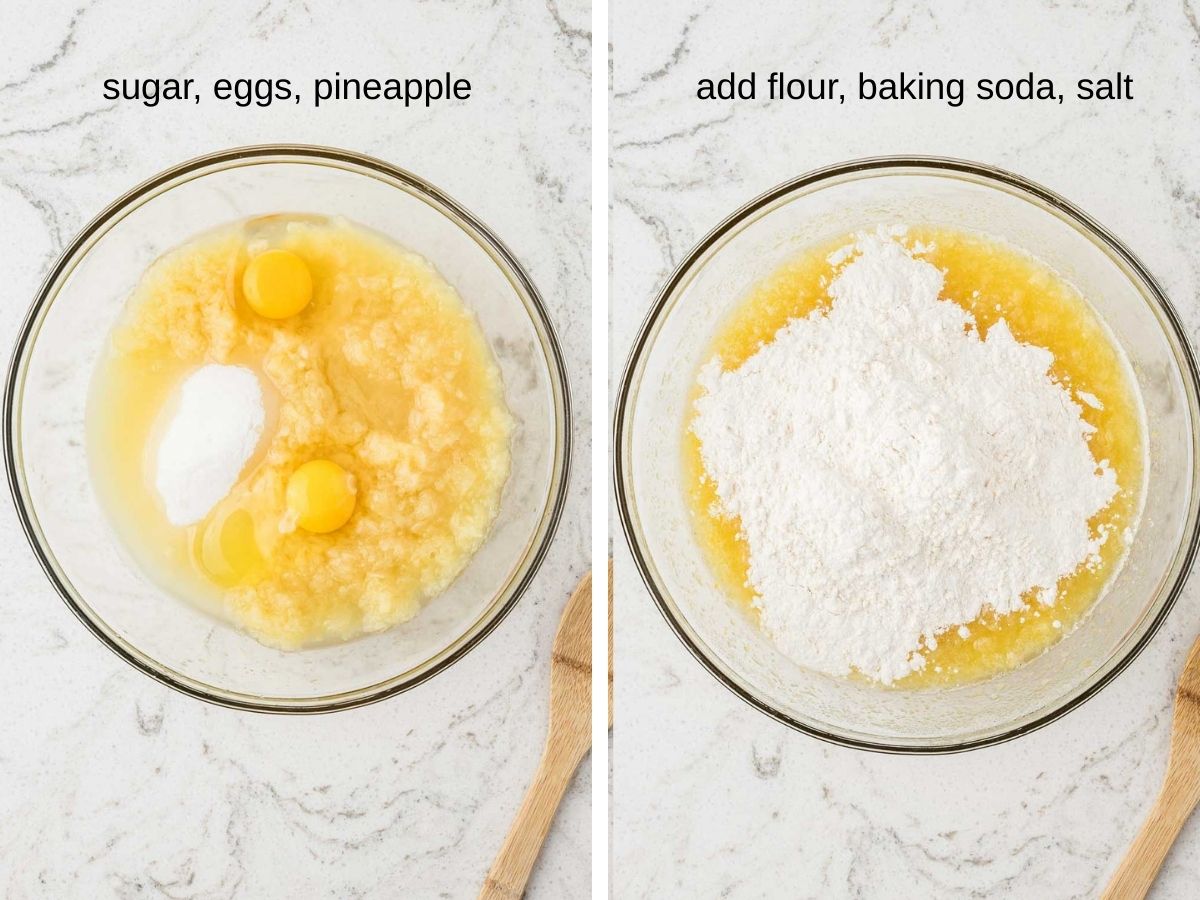 Two images showing egg, pineapple and sugar mixture in bowl, then an image showing adding dry ingredients.