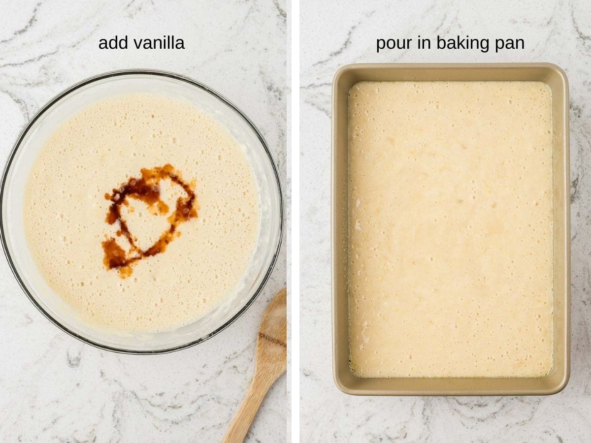 Two images, one showing vanilla being added to bowl, and then second photo showing in baking pan.