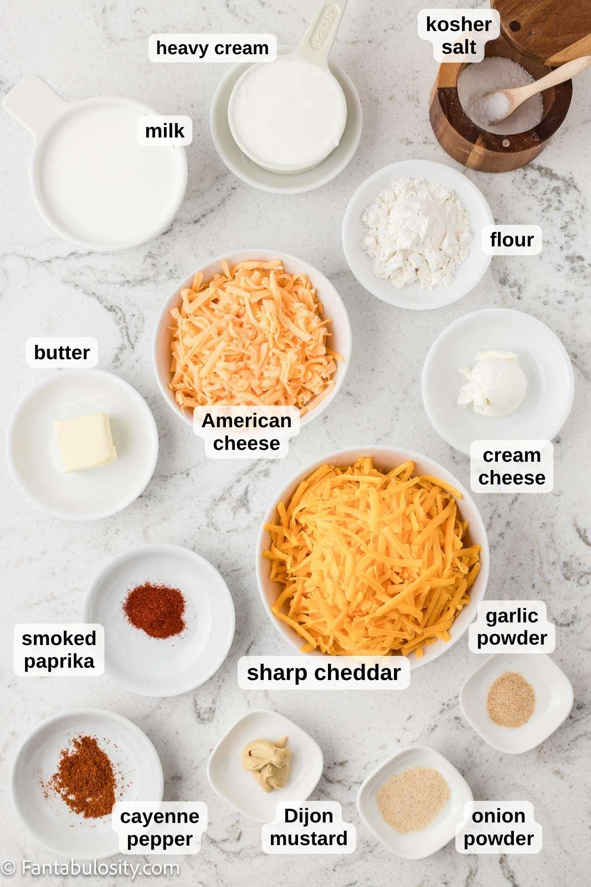 Labeled ingredients for cheese dip for pretzels.