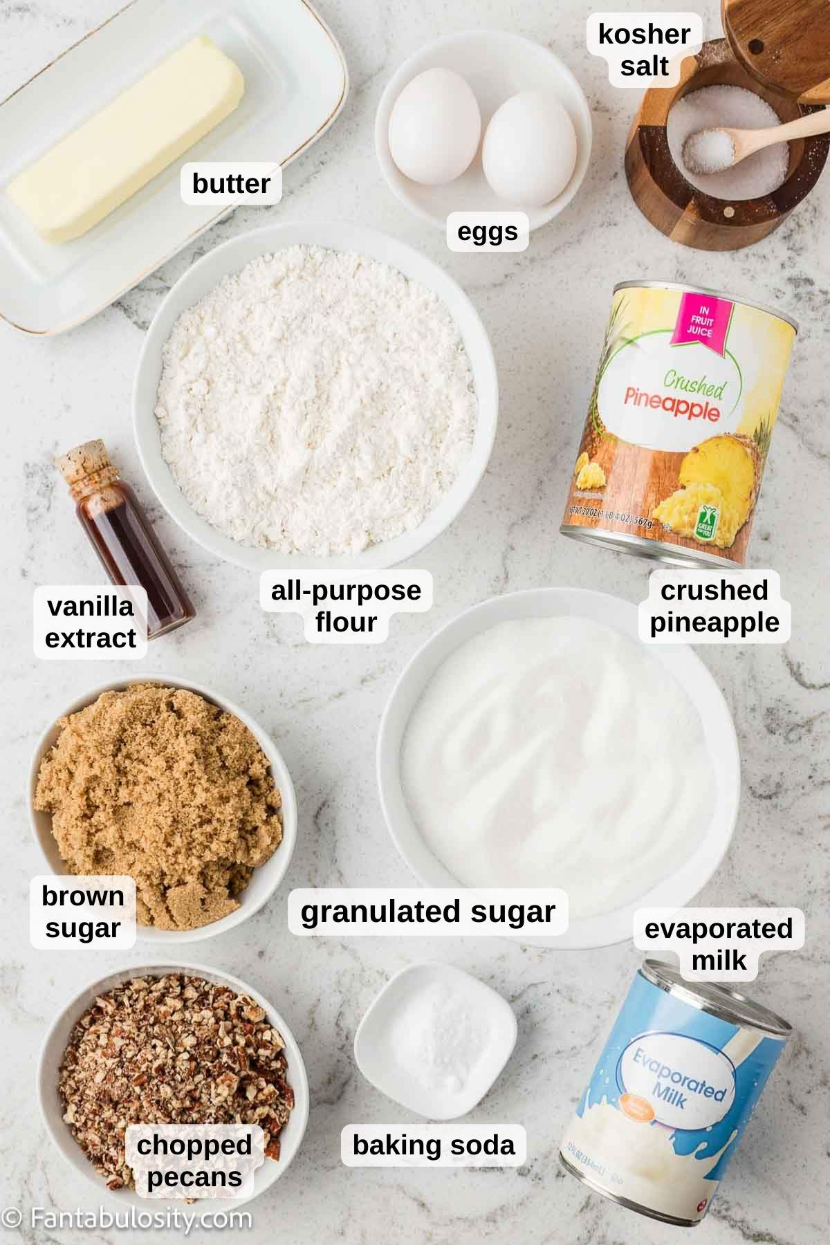 Labeled ingredients for granny cake on kitchen counter.