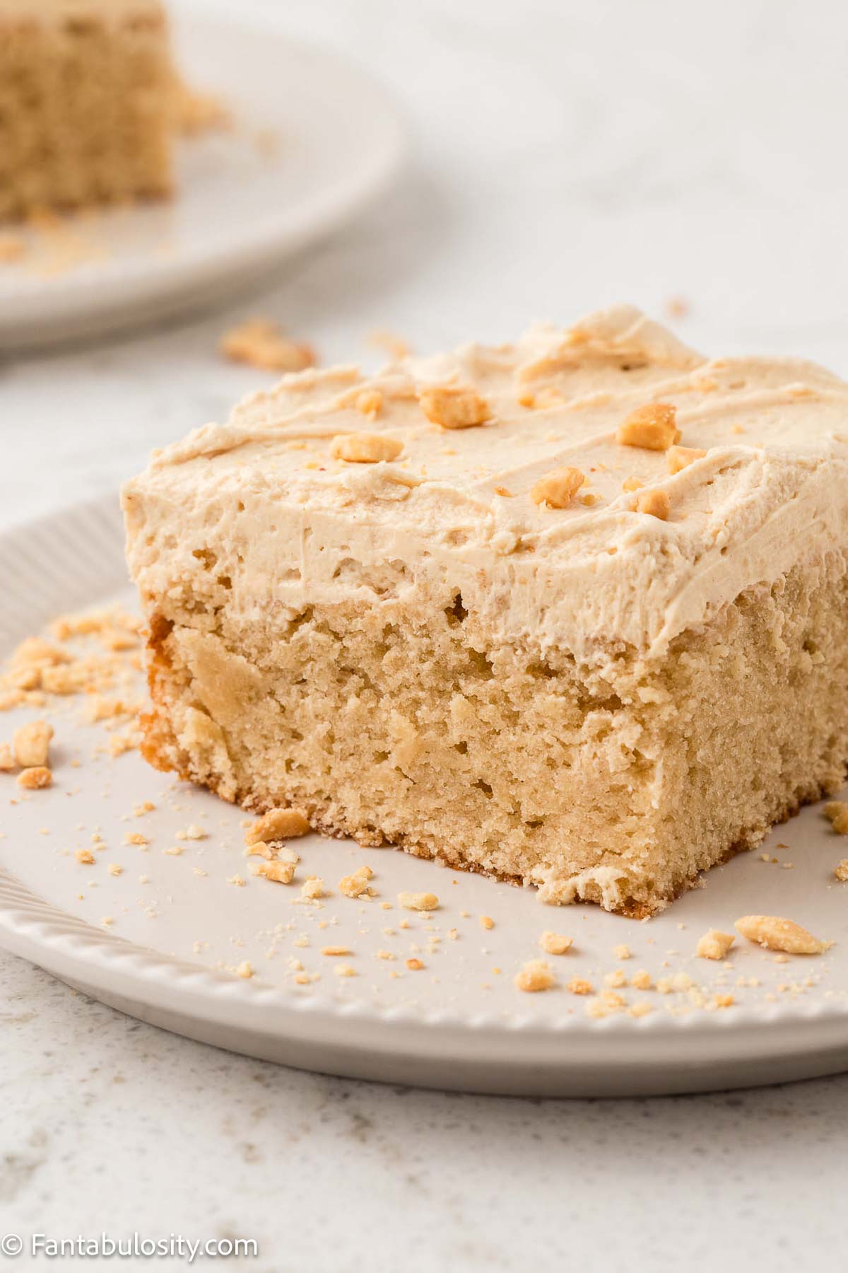 Slice of peanut butter cake on a round plate.