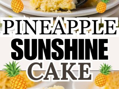 A slice of pineapple sunshine cake on a round plate.