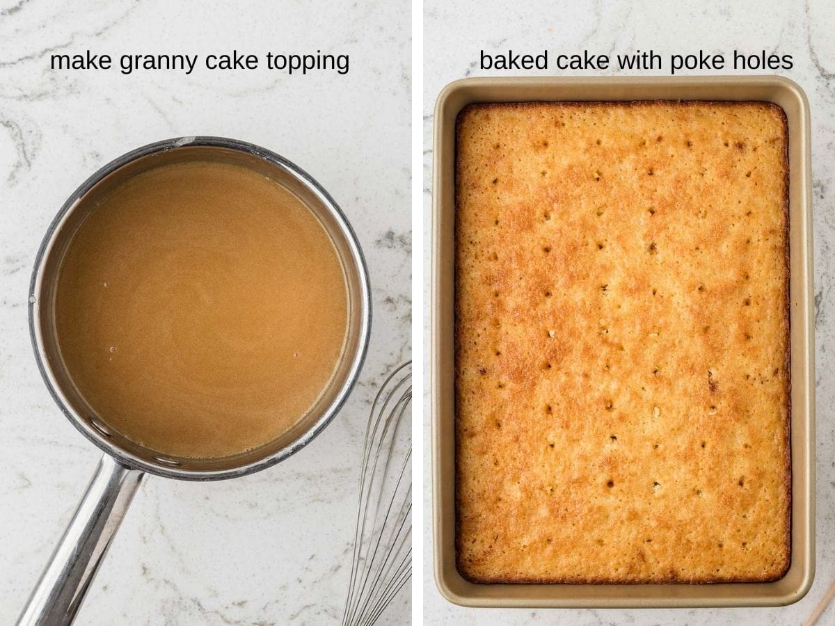Topping in sauce pan, and baked cake in baking pan.
