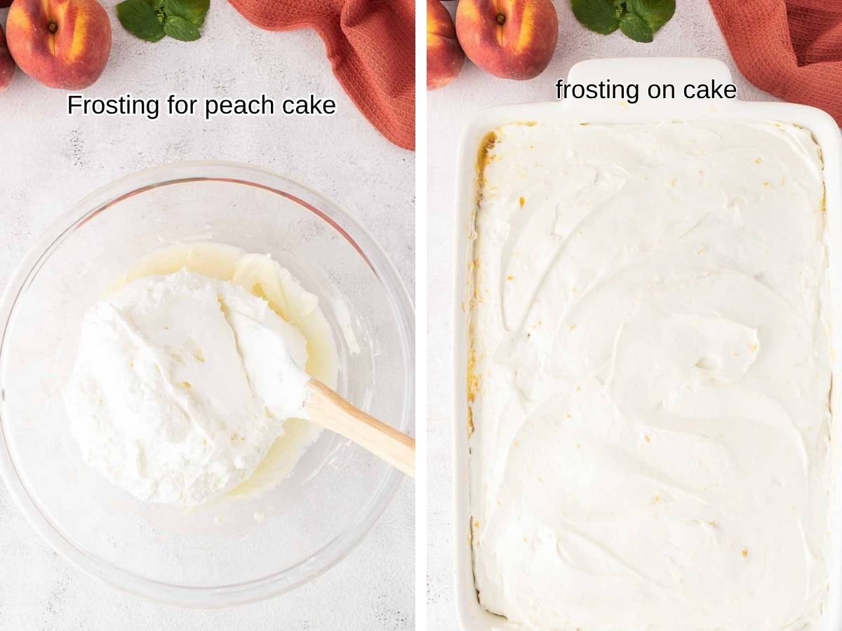 Frosting in mixing bowl and it being spread on cake.