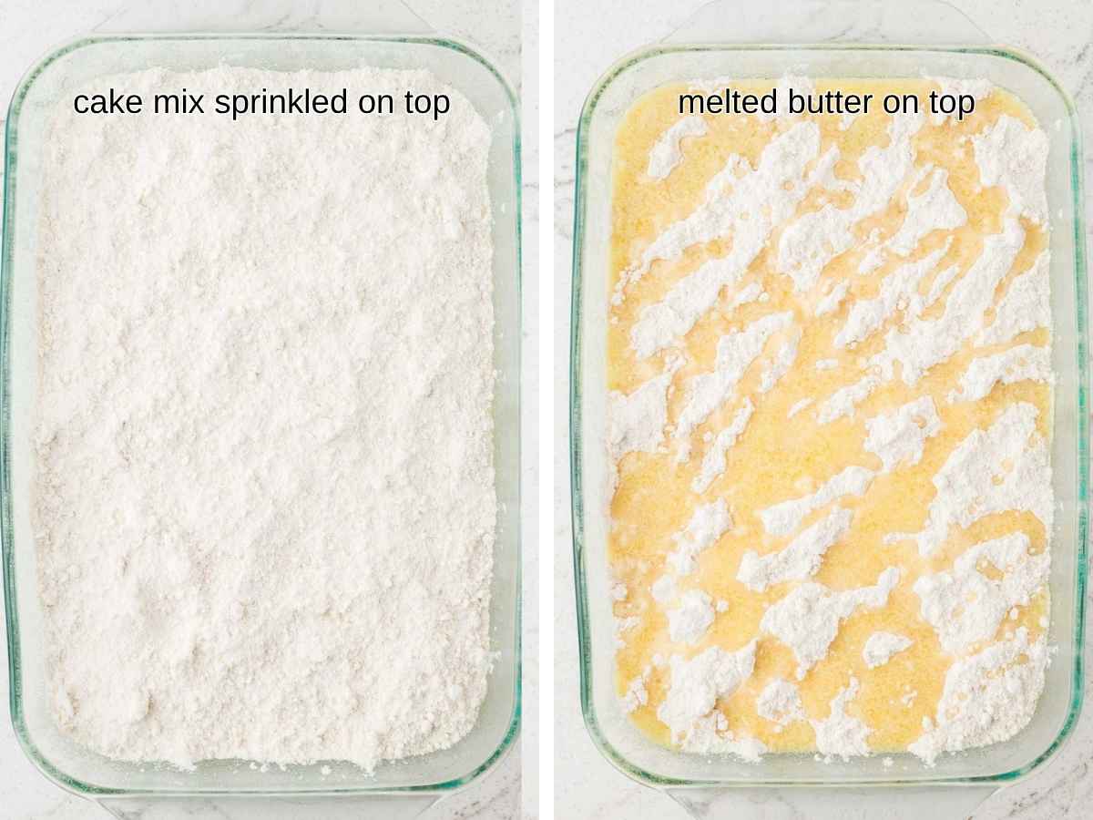 Cake mix sprinkled on top and melted butter poured on top.