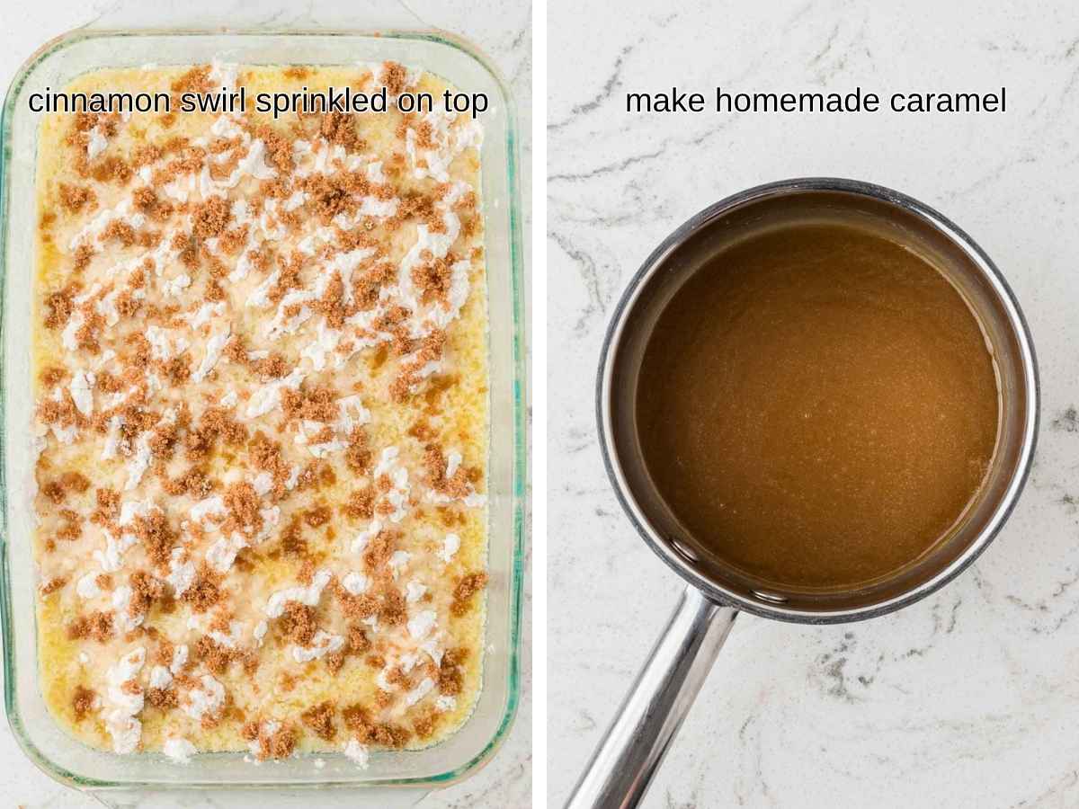 Cinnamon swirl topping sprinkled on cake and homemade caramel in saucepan.