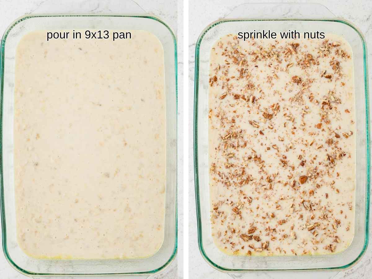 Banana dump cake batter in 9x13 pan with nuts sprinkled on top.