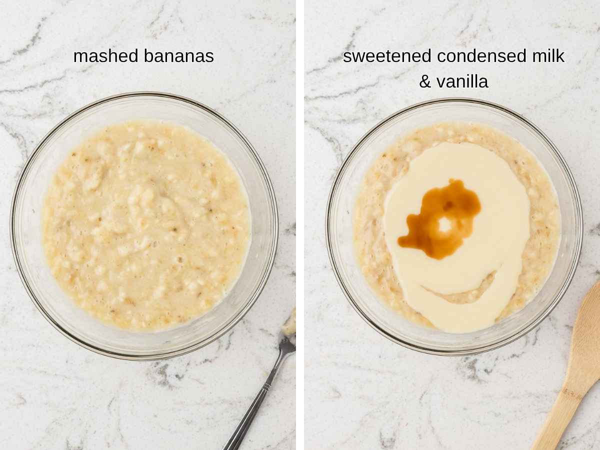 Bananas, sweetened condensed milk, and vanilla in mixing bowl, for dump cake batter.