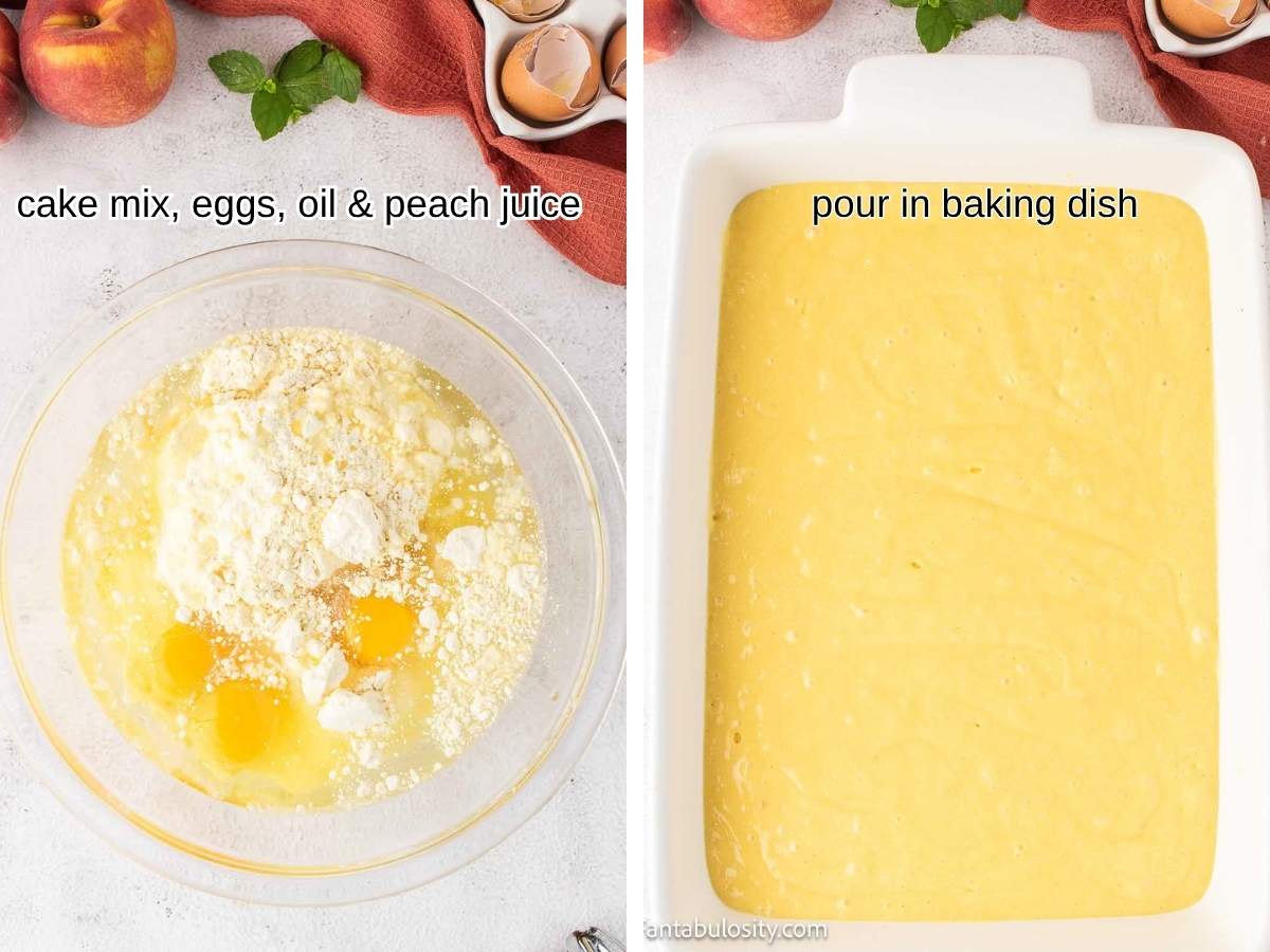 Cake batter in mixing bowl, and batter poured in to baking dish.
