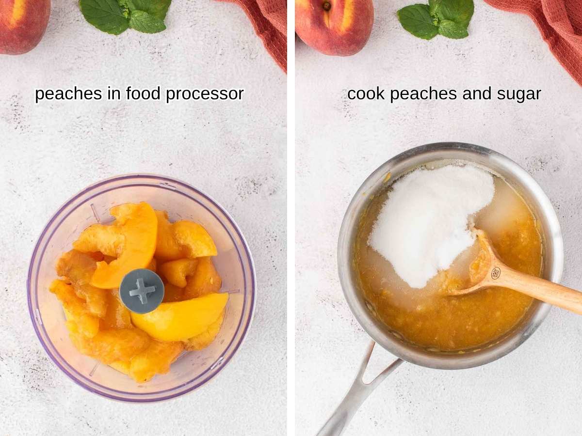Peaches in food processor and in saucepan with sugar.