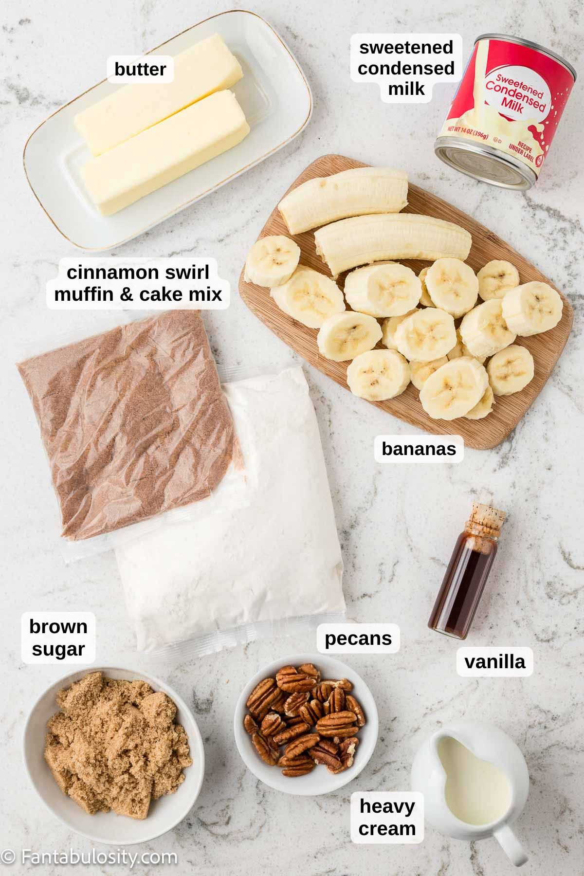 Labeled ingredients on counter, to make banana dump cake.