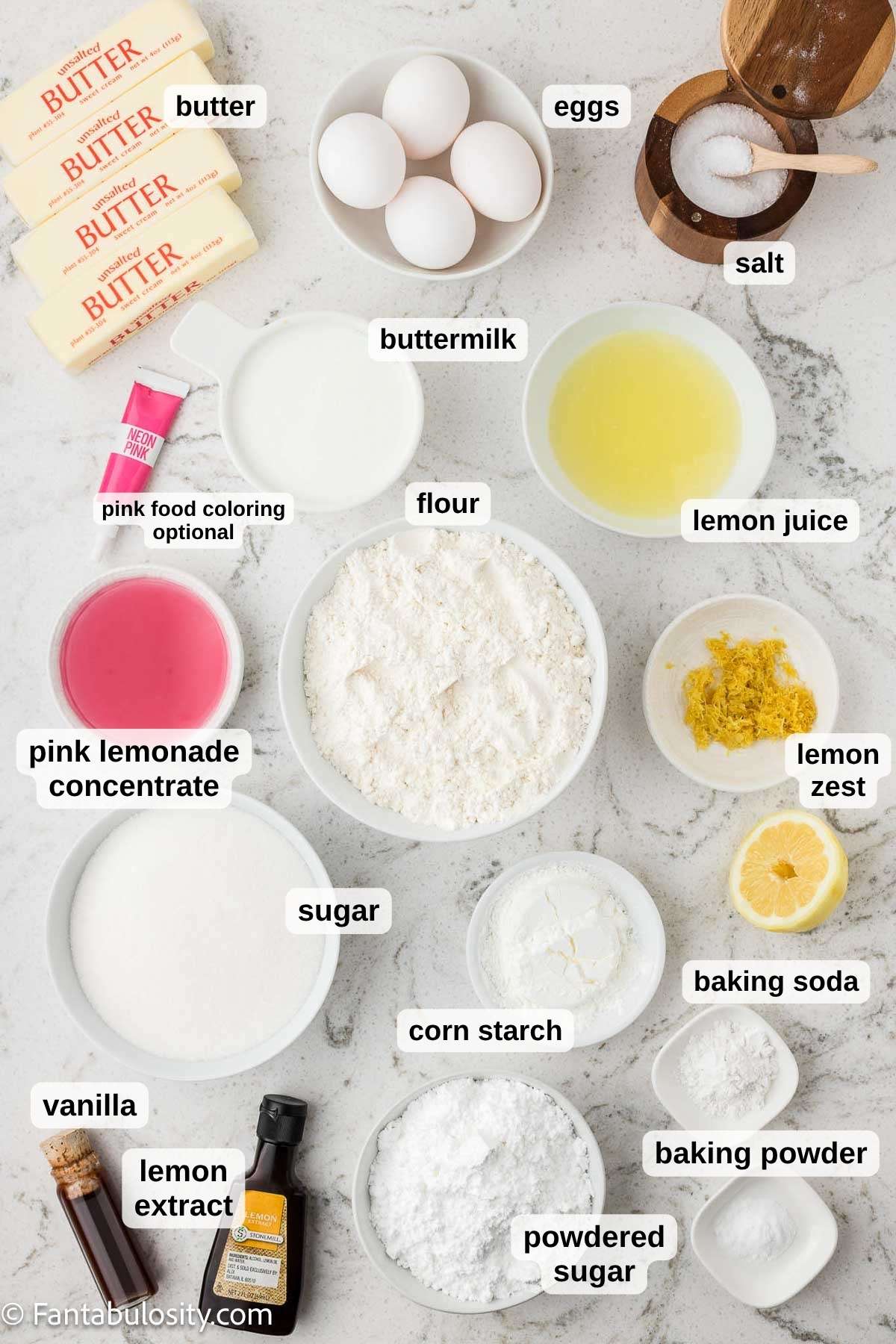 Labeled ingredients sitting on counter, for making pink lemonade cake.