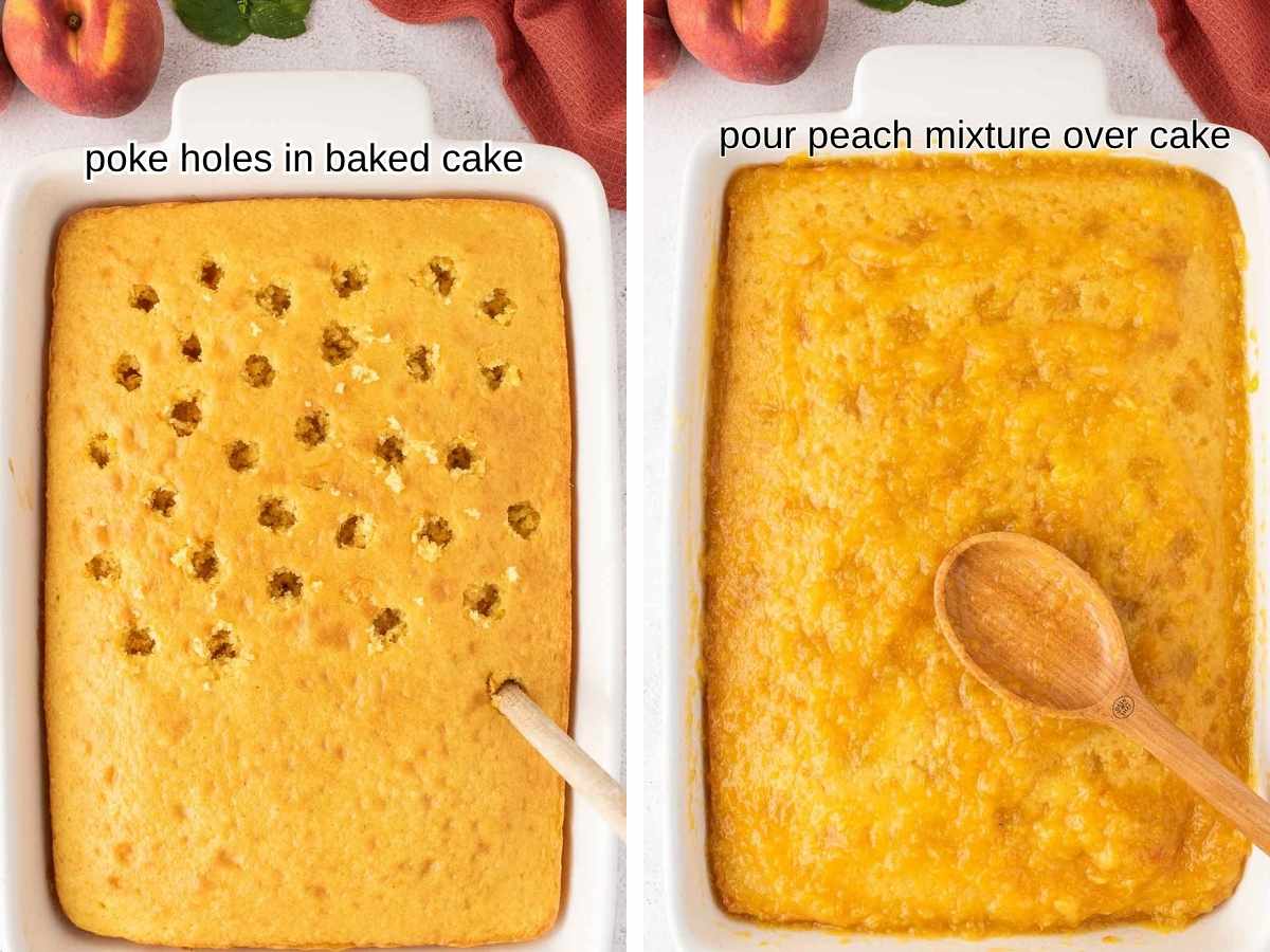 Baked cake with holes poked in half of it, and the peach mixture spread over the top.