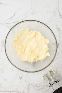 Creamed butter and sugar in mixing bowl.