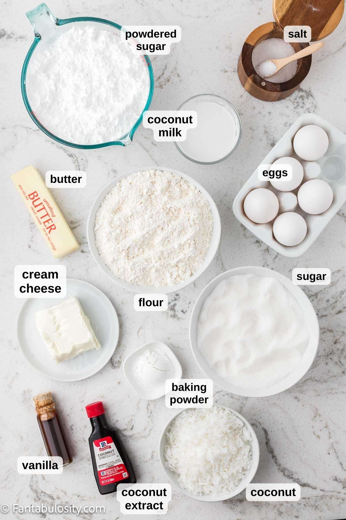 Ingredients on table, to make coconut sheet cake.