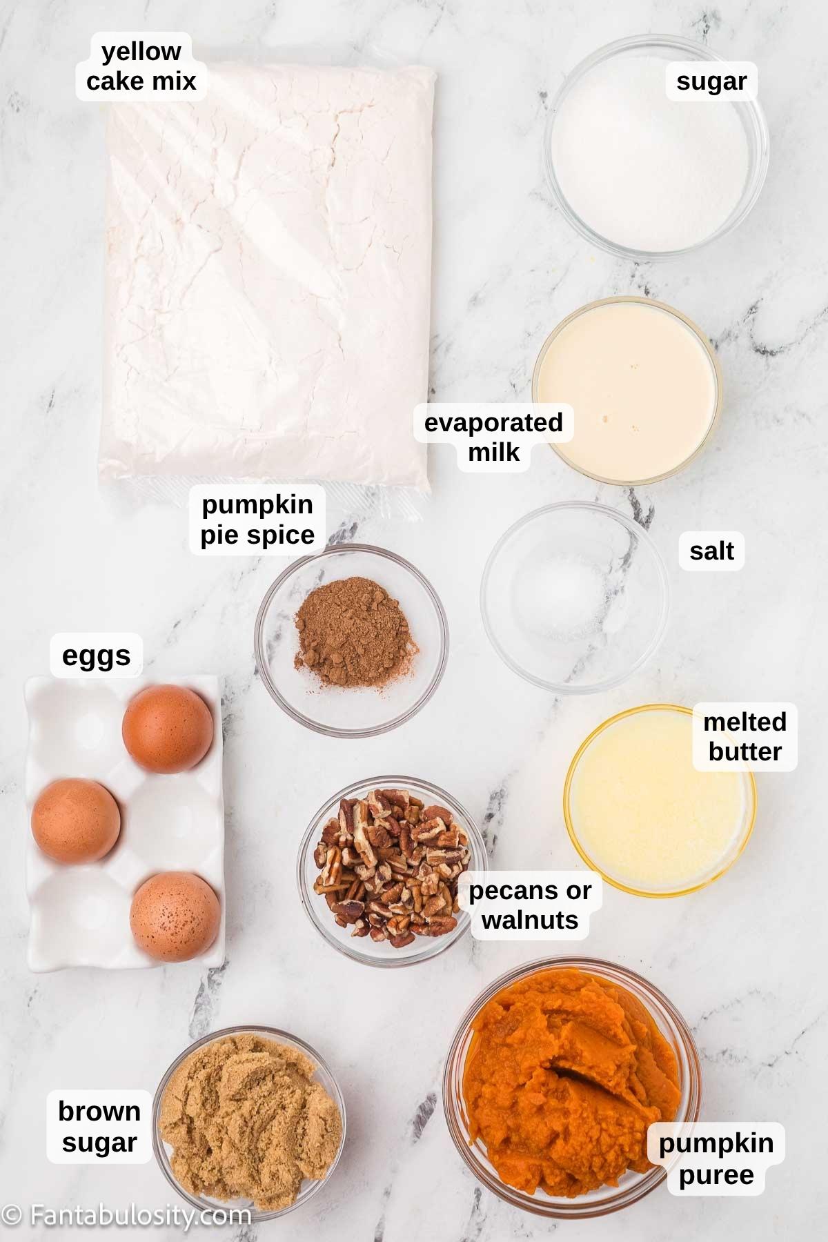 Labeled ingredients for pumpkin dump cake, sitting on counter.