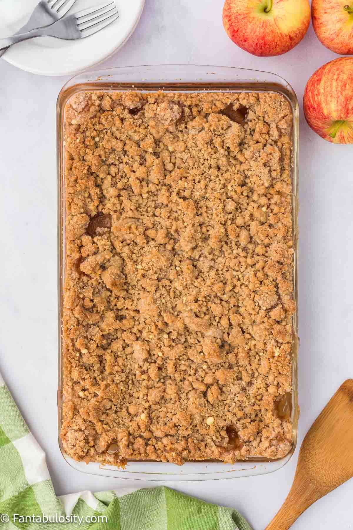 Baked snickerdoodle apple dump cake in baking pan.