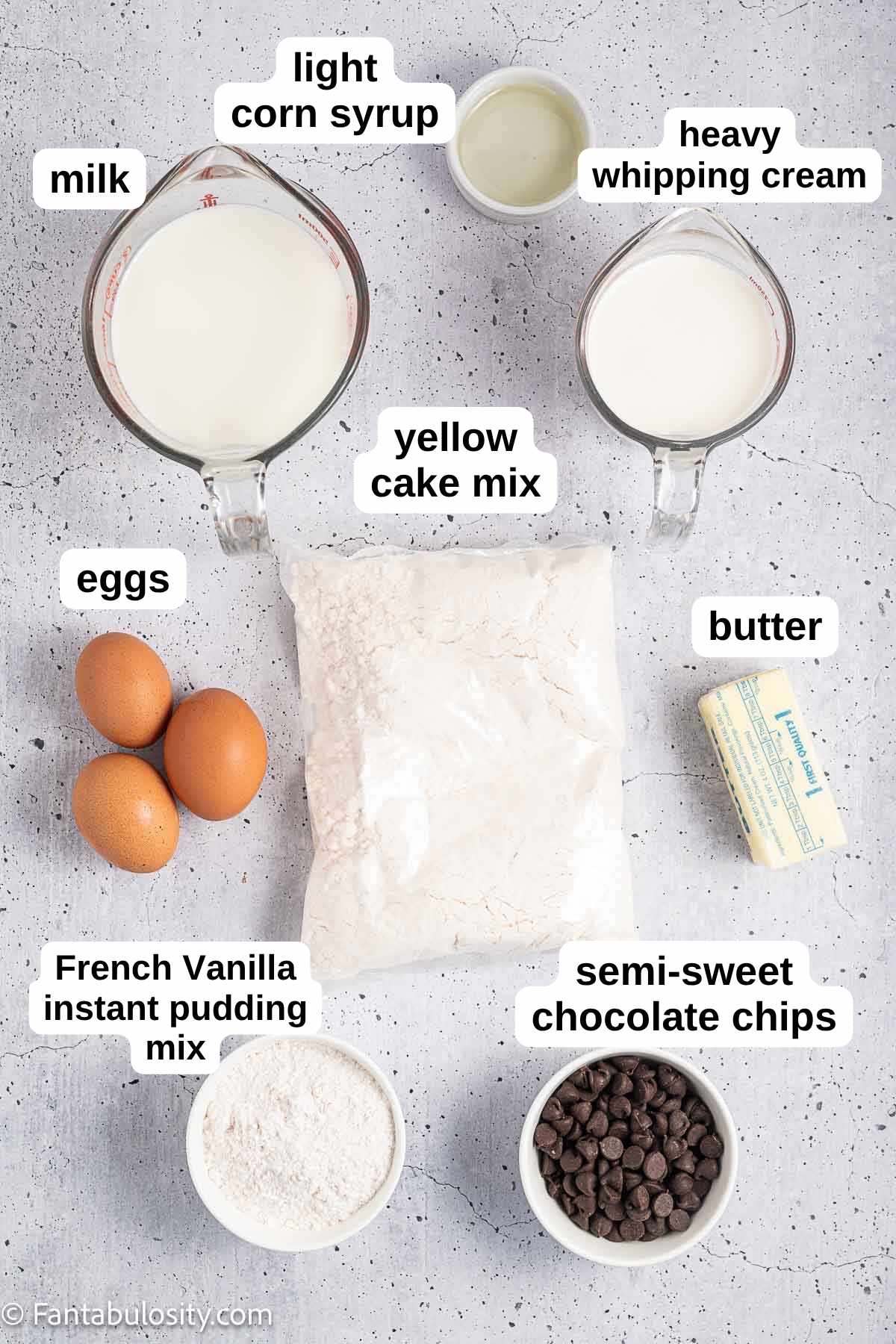 Ingredients for Boston cream poke cake on kitchen counter.