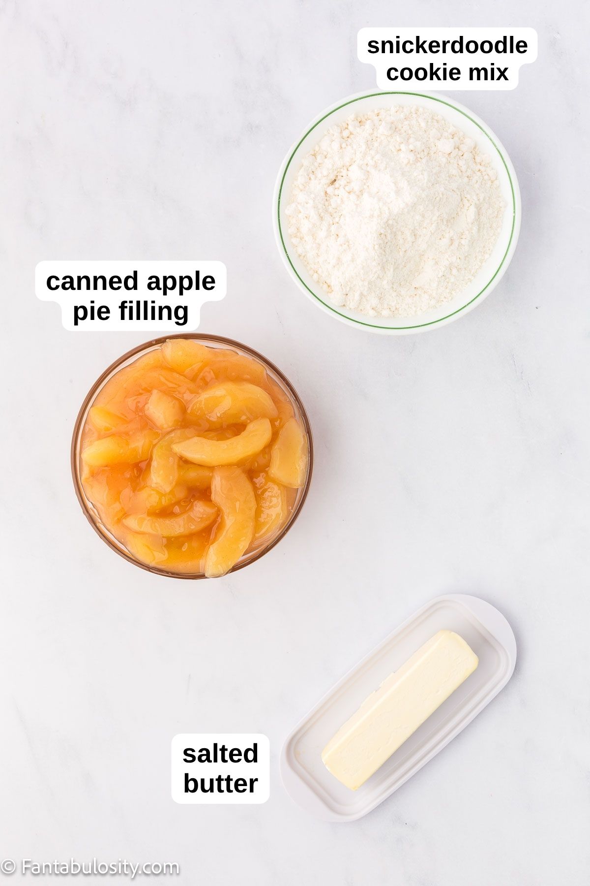 Ingredients sitting on counter to make snickerdoodle apple dump cake.