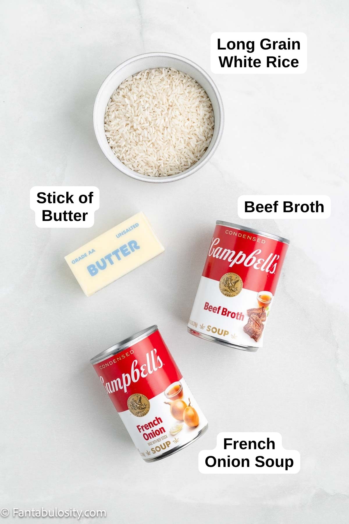 Ingredients for stick of butter rice sitting on the counter.